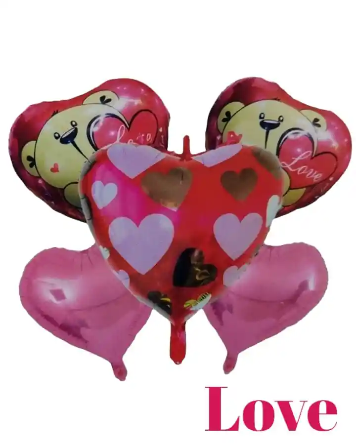 Bouquet X 5 Globos Metalizados Corazón Love