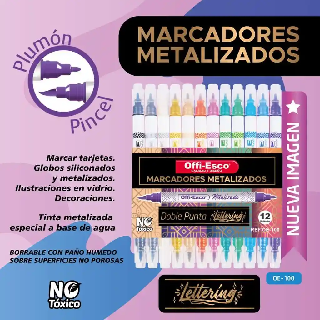 Estuche Marcador Offiesco Metalizado X12 Doble Punta Oe 100