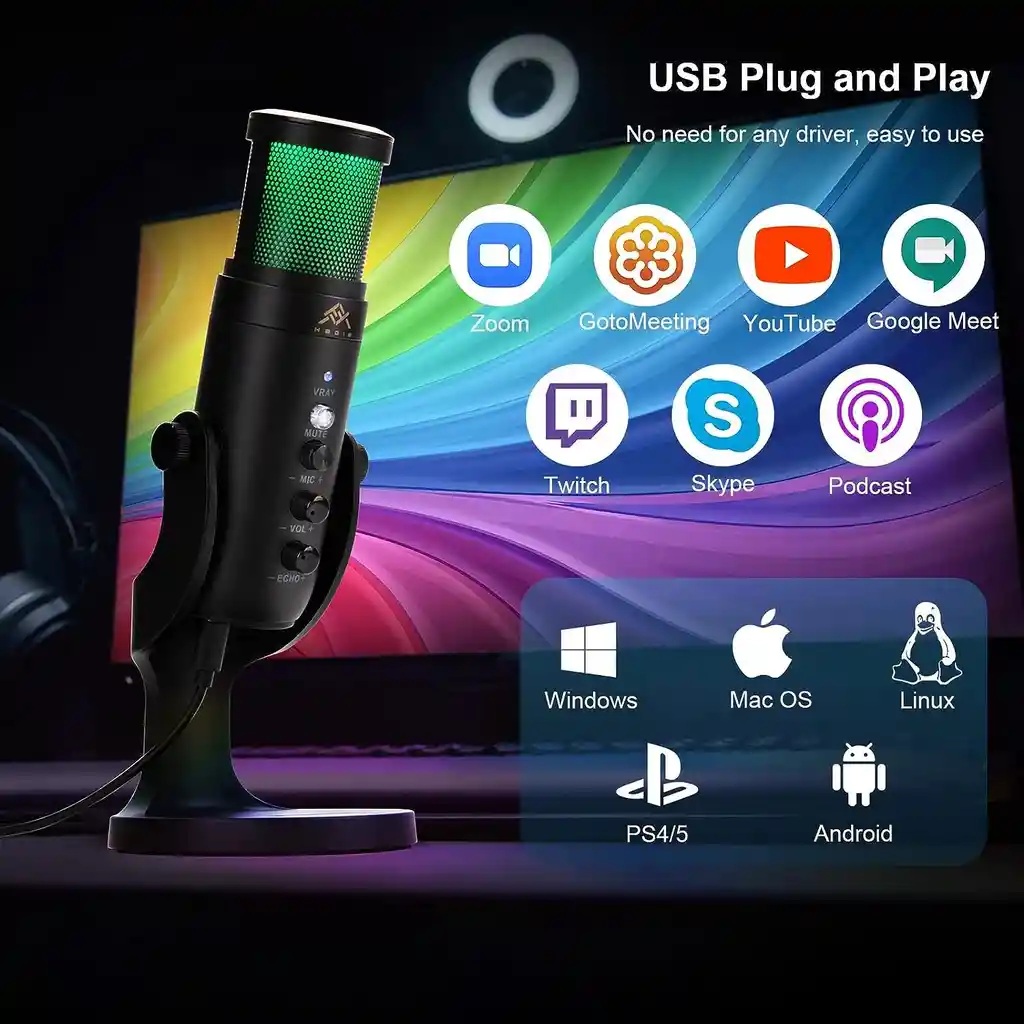 Micrófono Gamer Rgb De Condenador Usb Unidireccional