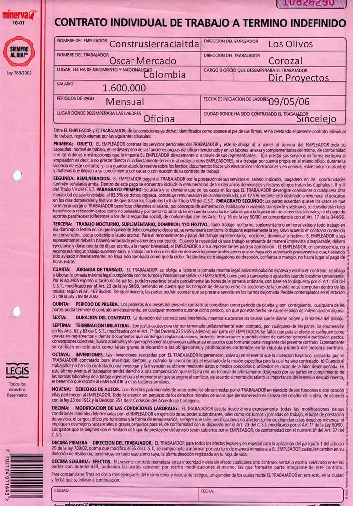 Contrato Individual De Trabajo A Termino Indefinido X1