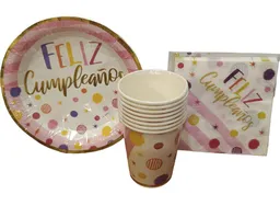 Set - Kit Sempertex Platos, Vasos Y Servilletas Feliz Cumpleaños Destellos X8 Un