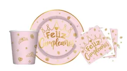 Set Platos, Vasos, Servilletas Sempertex Feliz Cumpleaños Coronitas X8 Unidades