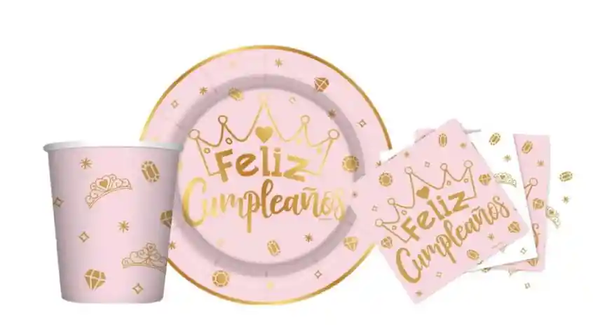 Set Platos, Vasos, Servilletas Sempertex Feliz Cumpleaños Coronitas X8 Unidades