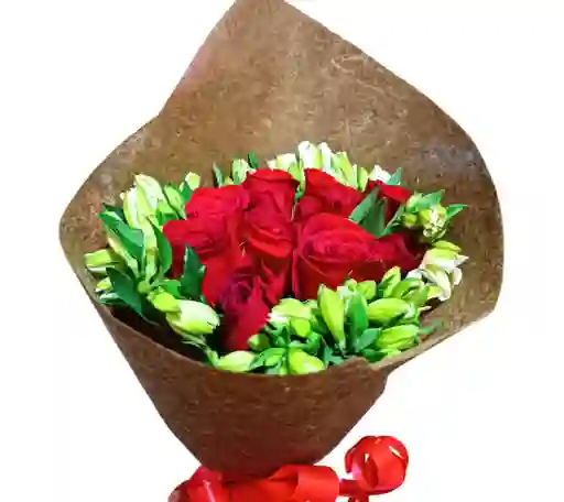 Bouquet De 12 Rosas Rojas Y Astromelias