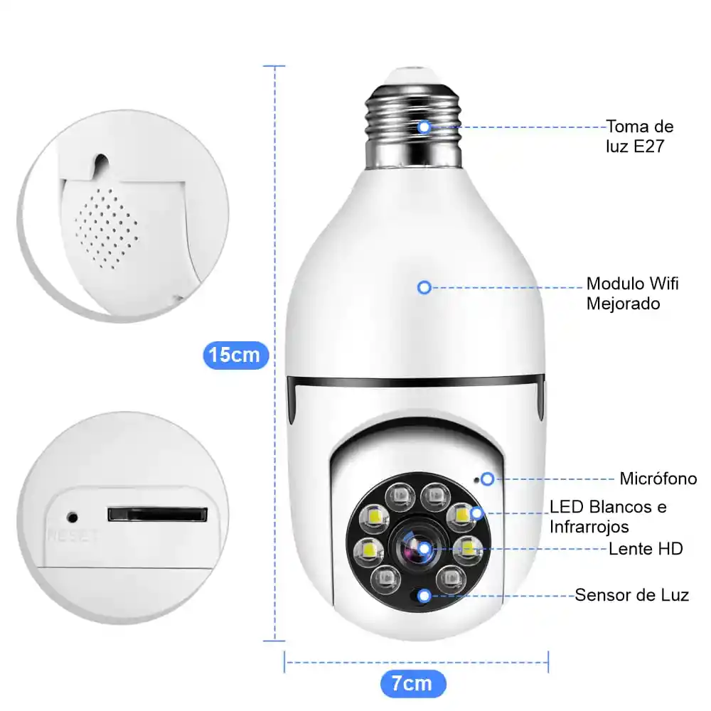 Cámara De Seguridad Tipo Bombillo Wifi 1080p Visión Nocturna E27