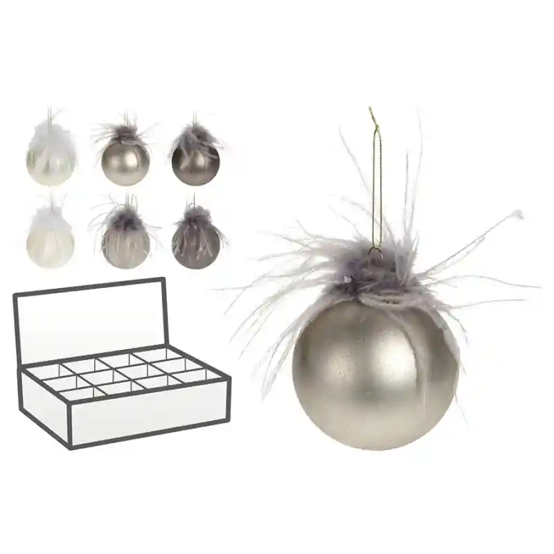 Bola Navidad 10 Cm Plata Con Plumas Surtidas