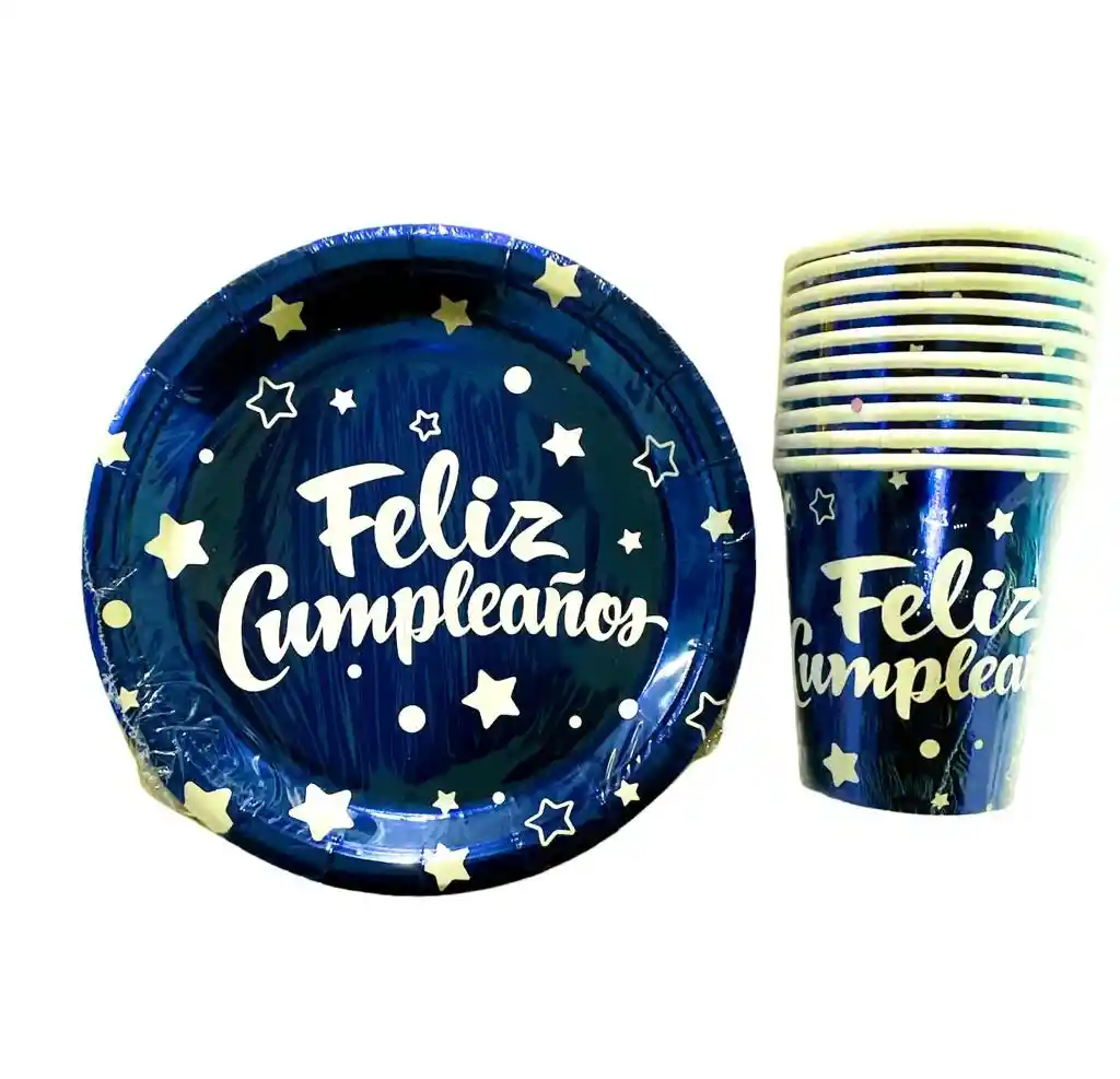 Juego Plato Y Vaso Cartón Metalizado Feliz Cumpleaños Azul Rey X 10