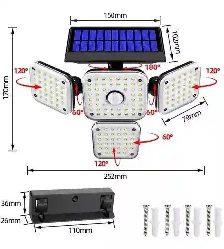 Lampara Reflector Led Solar C/ 4 Cabezas Y Sensor Lf-1765a