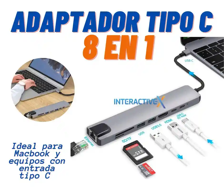 Adaptador Tipo C 8 En 1 /hdmi/usb 3.0/ Lan/ Usb C + Pd / Splitter Tipo C