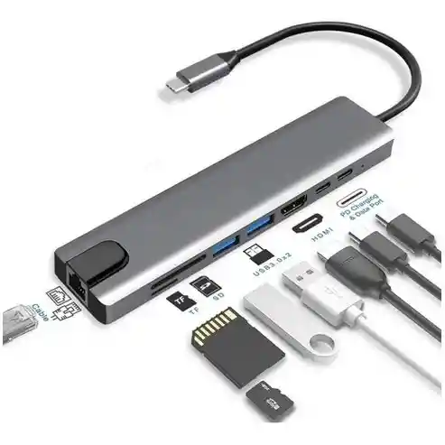 Adaptador Tipo C 8 En 1 /hdmi/usb 3.0/ Lan/ Usb C + Pd / Splitter Tipo C