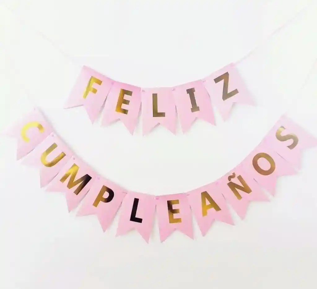 Banderin Feston Feliz Cumpleaños Rosa Mate Letras Doradas