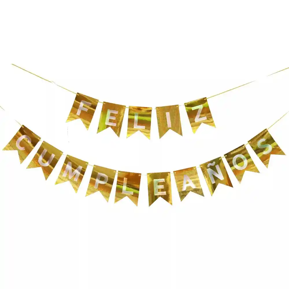Banderin Feliz Cumpleaños Dorado Cuadros Brillantes/ Letras Plateadas