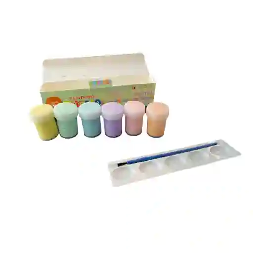 Caja Tempera Payasito Escolar X6 Colores Pastel + Pincel + Paleta No Toxico