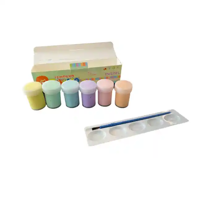 Caja Tempera Payasito Escolar X6 Colores Pastel + Pincel + Paleta No Toxico