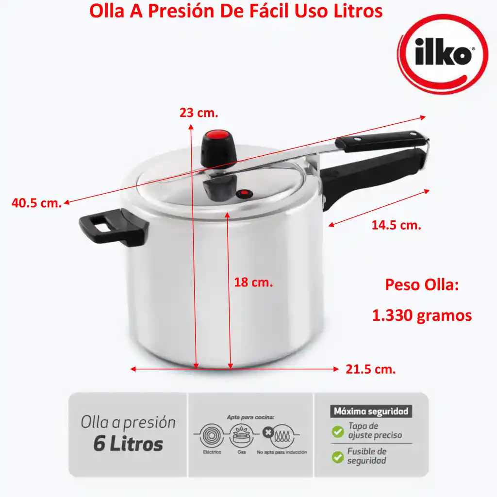 Olla A Presion De Facil Uso 6 Litros Ilko