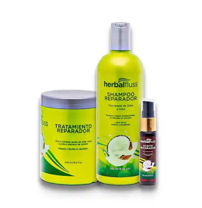 Herbalfluss Combo Nutrición Y Protección Solar Shampoo Sin Sal . Tratamiento Grande Y Aceite Reparador 30 Ml