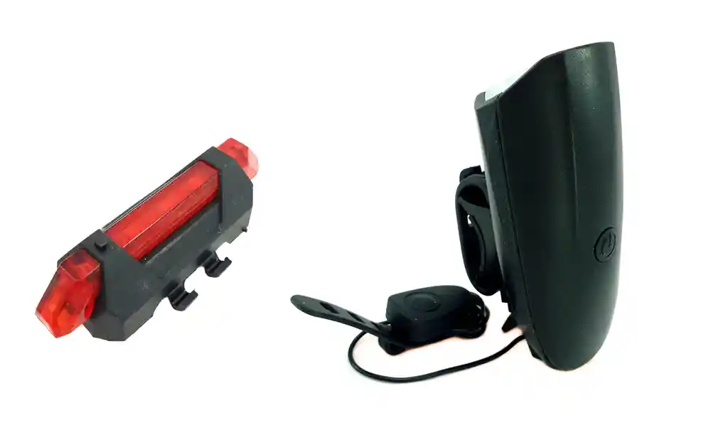 Luces Para Bicicleta Delantera Con Pito Negro + Luz Trasera Led Roja