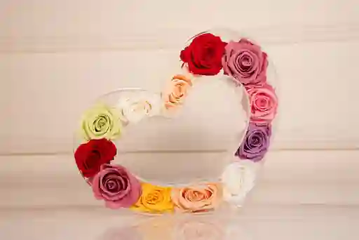 Corazón Le Mour En Acrílico Con Rosas Colores Surtidas Preservadas