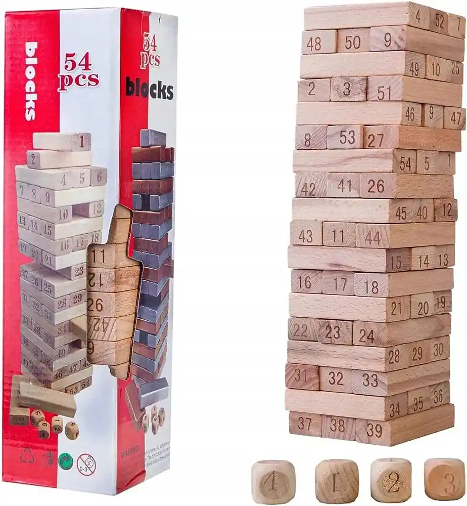 Torre Jenga 54 Bloques 4 Dados Madera Juego Niños Y Adultos (grande)