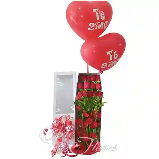 Caja De Rosas Con Globos En Helio