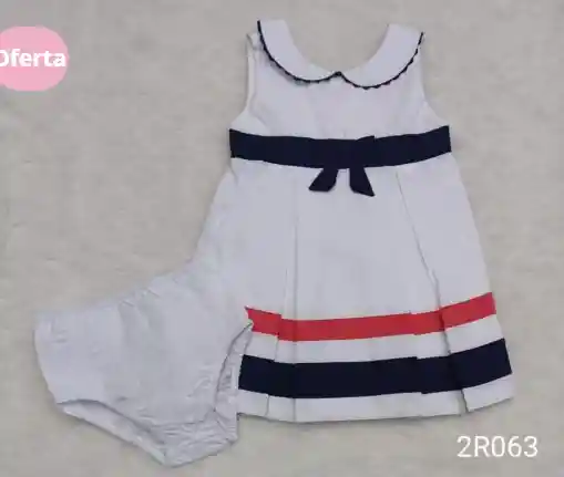 Vestido Blanco Con Rojo Y Azul Para Bebé 2 Piezas Talla 9 Meses