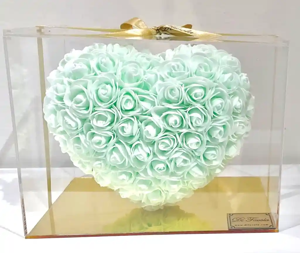 Corazón En 3 D De Rosas Verde Menta En Caja De Acrílico