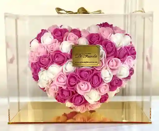 Corazón 3d De Rosas Colores Rosados En Caja De Acrílico