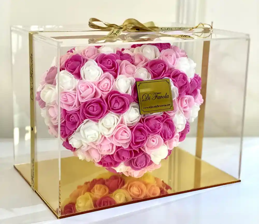 Corazón 3d De Rosas Colores Rosados En Caja De Acrílico