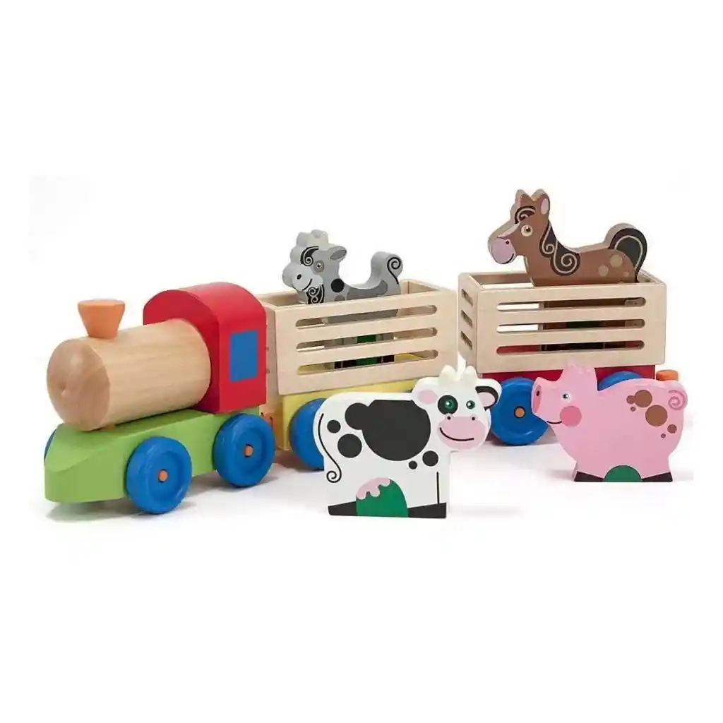 Juguete Didáctico Madera Tren Con Animales De La Granja.