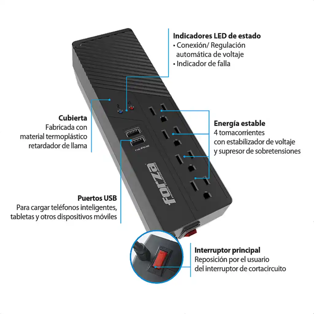 Regulador De Voltaje Forza 1000va/500w Con 4 Tomas + 2 Usb