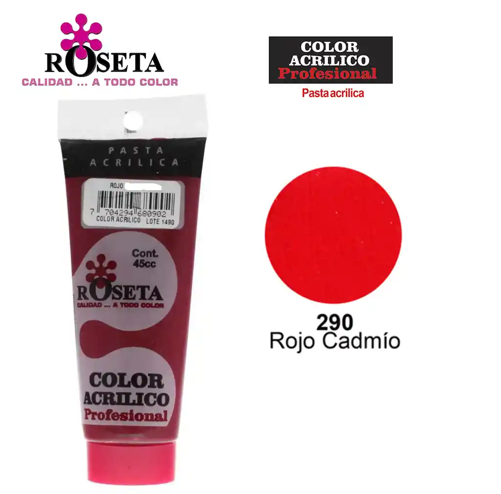 Pintura Acrilica Roseta Color Rojo Cadmio-290 X Unidad Tubo De 100cc Pinturas Acrilicos