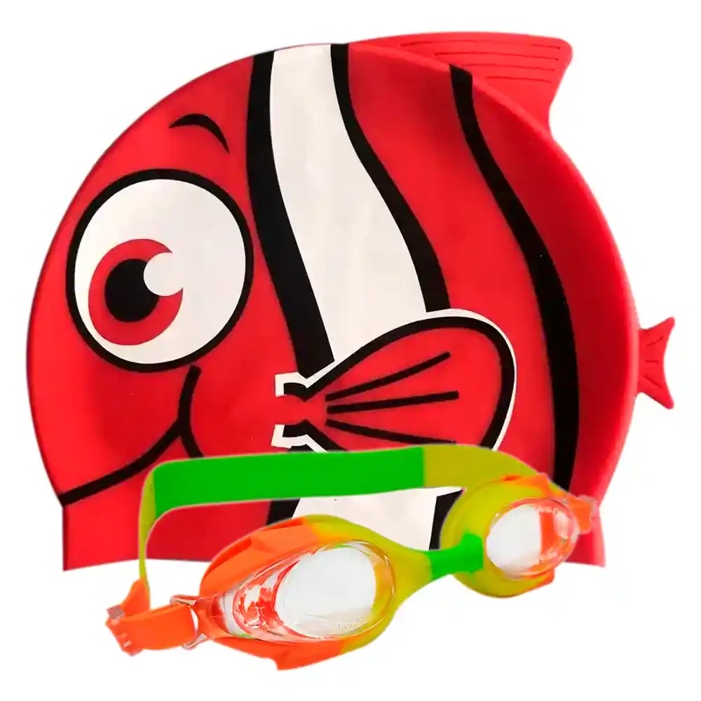 Set Gorro Natación Pez Silicona Niños Gafas Filtro Uv Estuche Rojo (aleatorio)