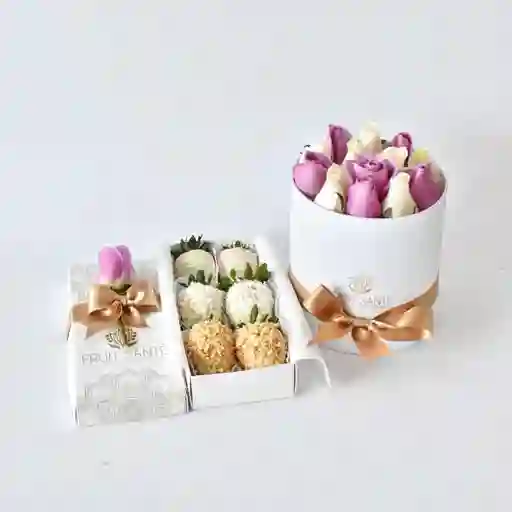 Caja Cilíndrica De Rosas Tonos Pasteles + Caja De 6 Fresas Premium Con Chocolate