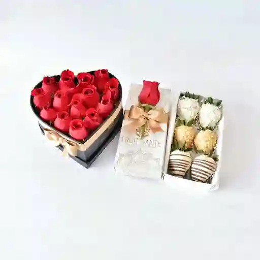 Corazon De Rosas Rojas + Caja De 6 Fresas Premium Con Chocolate