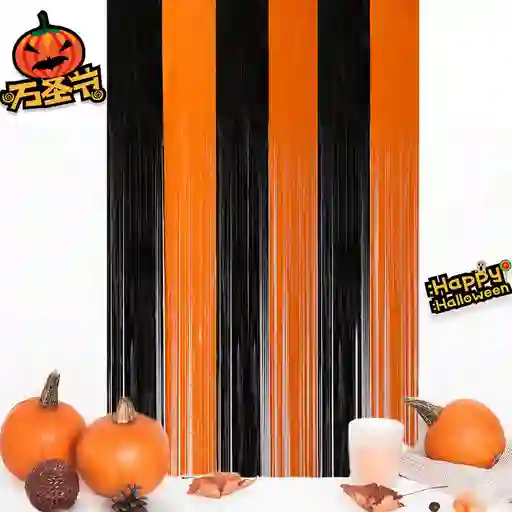 2 Cortinas Metalizadas Para Halloween Naranja Negra