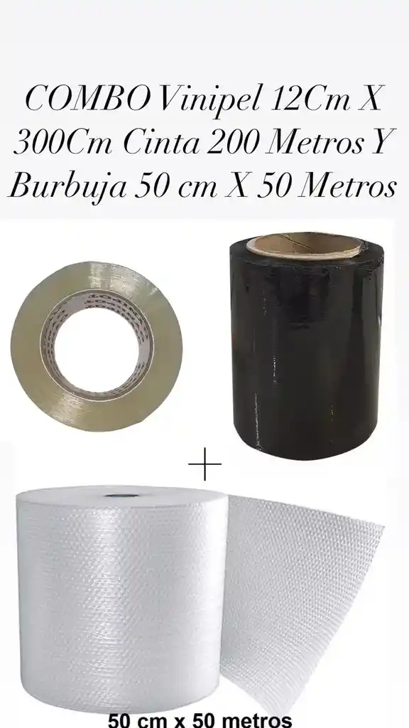 Combo Rollo Stretch Film Vinipel Industrial Negro 12.5cms 300mts Y Cinta Transparente 200mts Y Burbuja 50 Metros