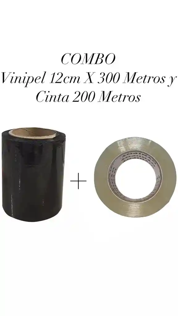 Combo Rollo Stretch Film Vinipel Industrial Negro 12.5cms 300mts Y Cinta Transparente 200mts