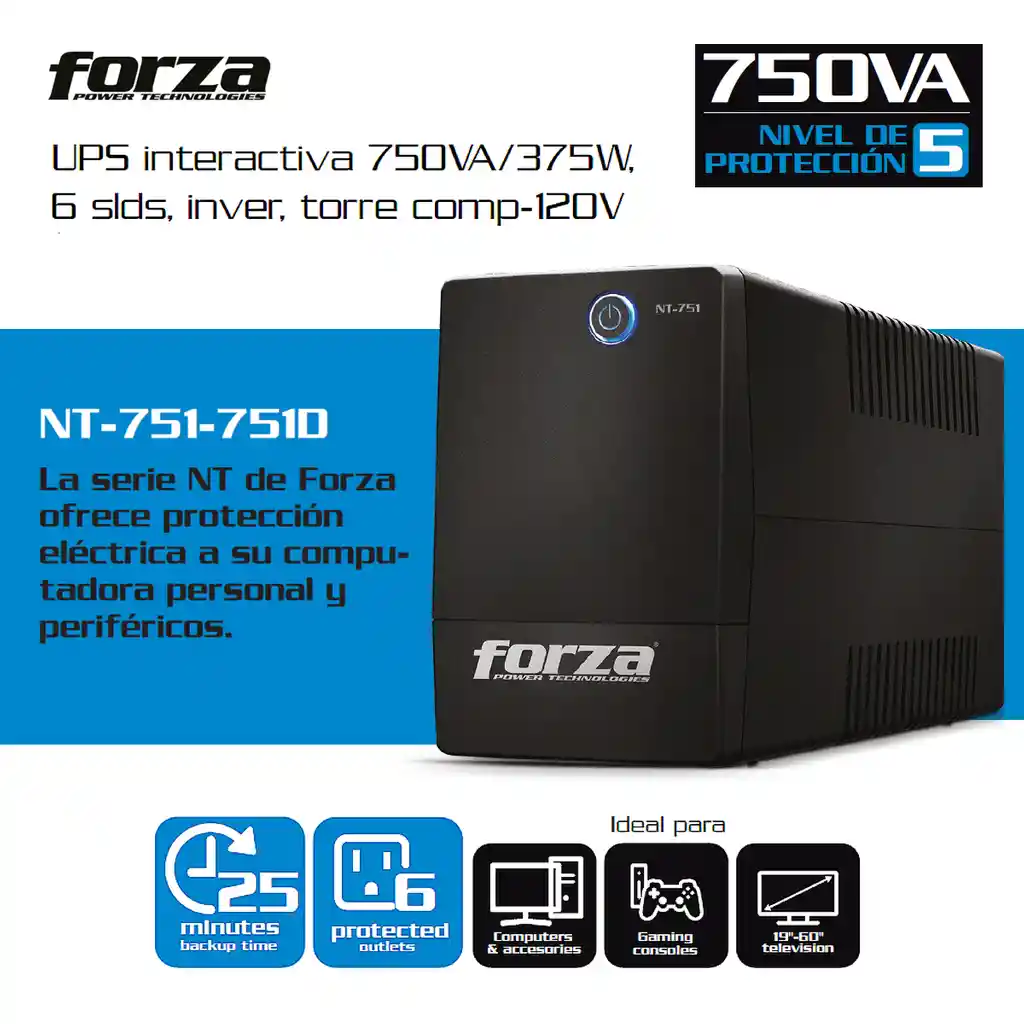 Ups Interactiva Forza Nt-751, 750va/375w, 6 Tomas, 1pc±25min