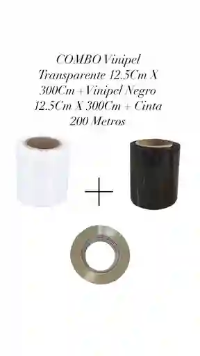 Combo Rollo Stretch Film Vinipel Industrial Negro 12.5cms X 300mts Transparente Y Negro + Cinta 200 Metros