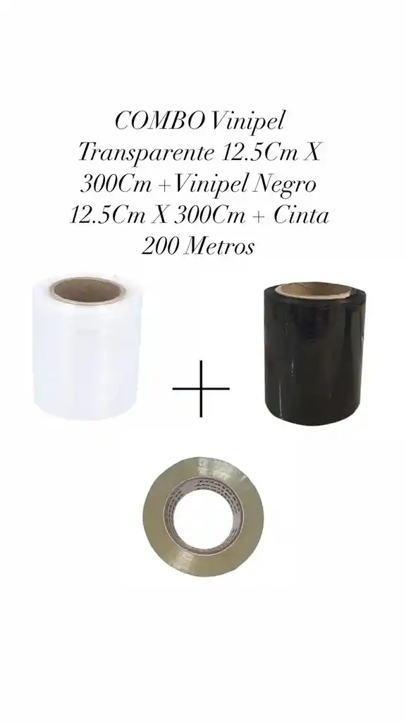 Combo Rollo Stretch Film Vinipel Industrial Negro 12.5cms X 300mts Transparente Y Negro + Cinta 200 Metros