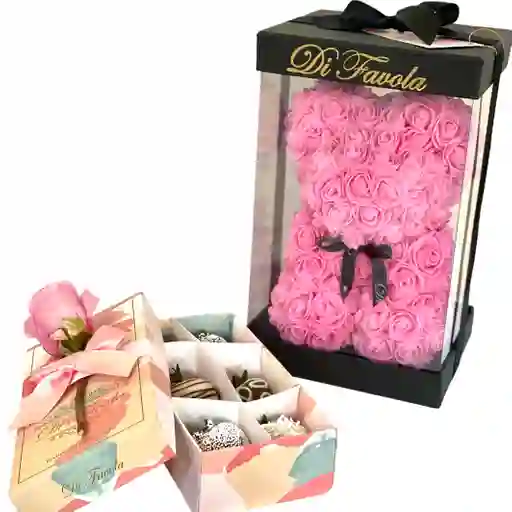 Oso De Rosas Rosado Pequeño + Caja X 6 Fresas Con Chocolate