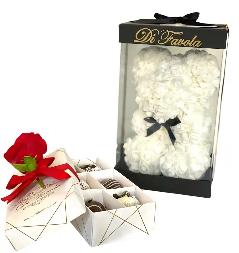 Oso De Rosas Blanco Pequeño + Caja X 6 Fresas Con Chocolate