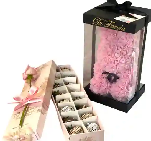 Combo Día De La Mujer. Conejito Rosado De Rosas + Caja X 16 Fresas Achocolatadas