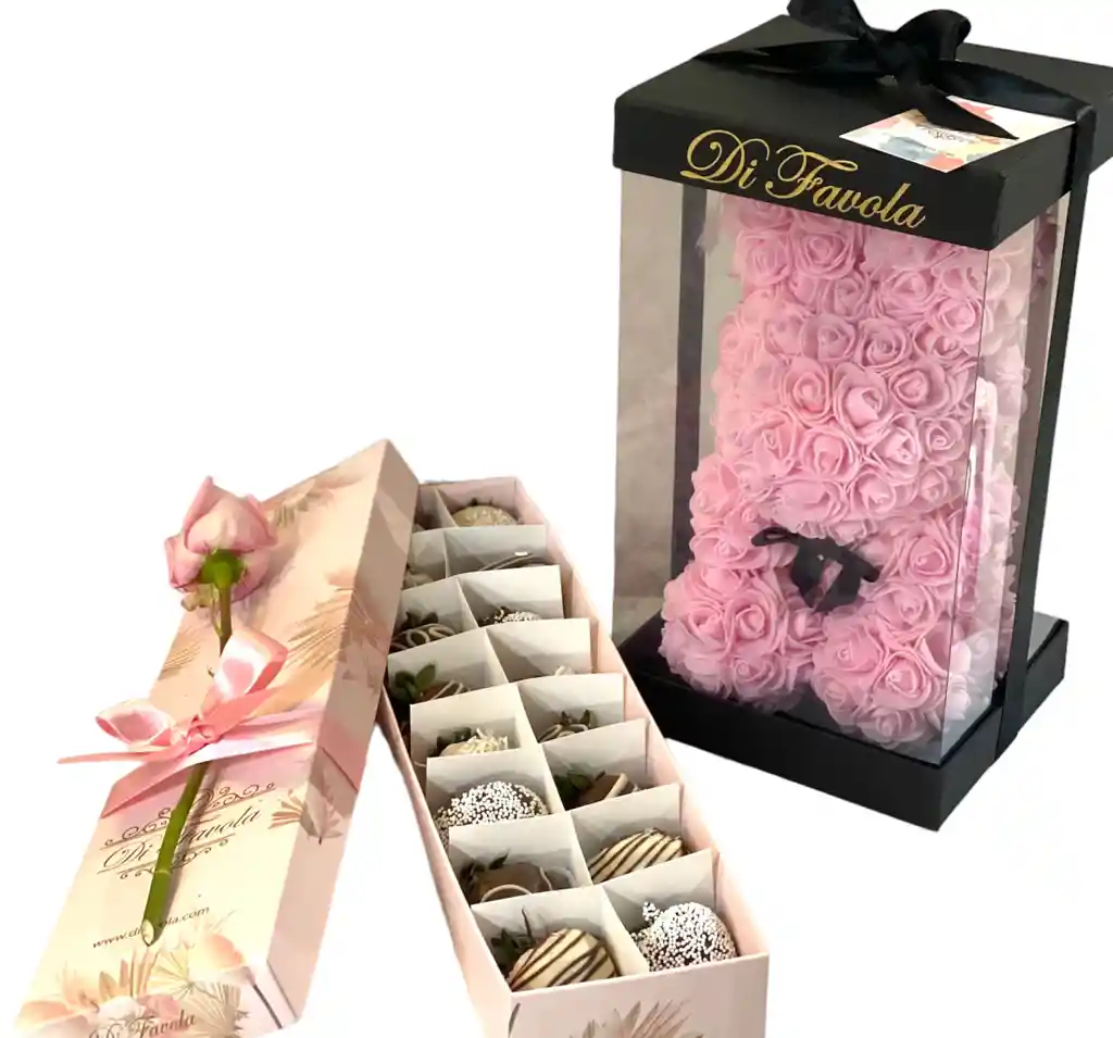 Combo De Flores Y Fresas . Conejito Rosado De Rosas + Caja X 16 Fresas Achocolatadas