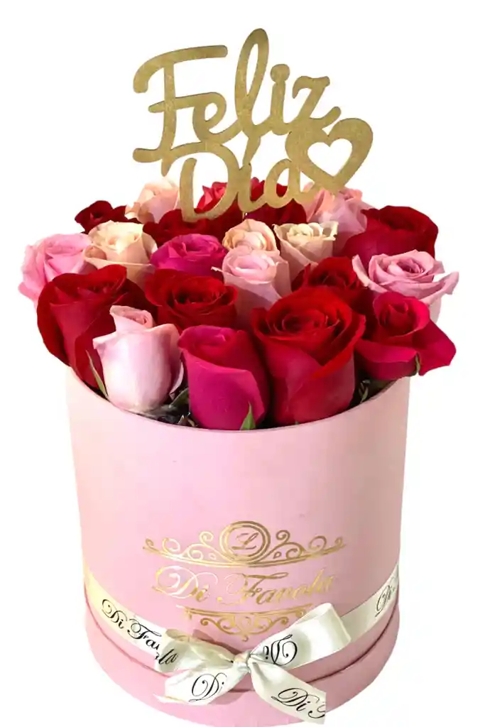 Caja De Rosas Cilindrica Rosada; Rosas Tonos Rosados Y Rojo. Amor Y Amistad