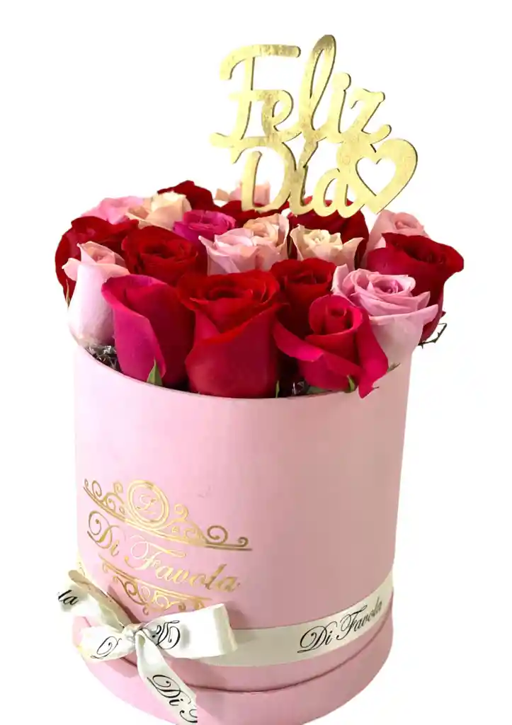 Caja De Rosas Cilindrica Rosada; Rosas Tonos Rosados Y Rojo. Amor Y Amistad