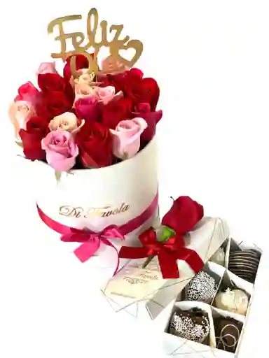 Combo Dìa De La Madre Cilindro Blanco De Rosas + Caja X 6 Fresas Con Chocolate