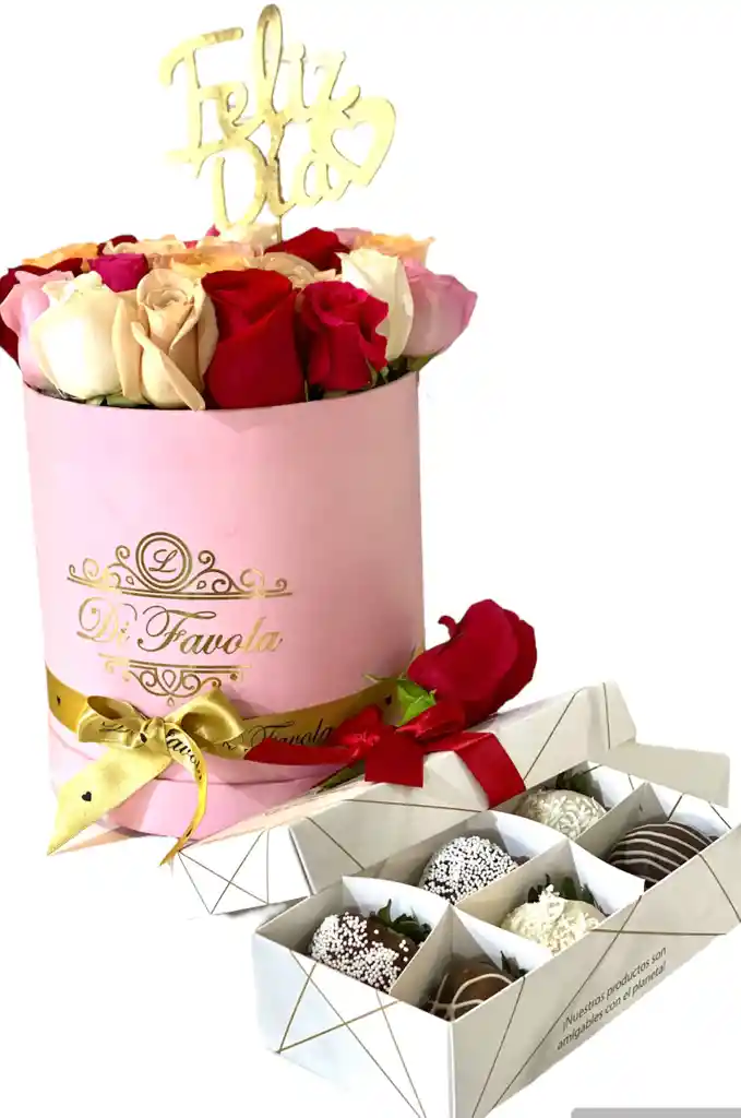 Combo: Cilindro Rosado De Rosas + Caja X 6 Fresas Con Chocolate