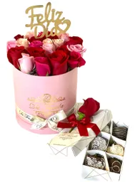 Combo: Cilindro Rosado De Rosas + Caja X 6 Fresas Con Chocolate