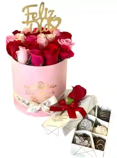 Combo Amor Y Amistad: Cilindro Rosado De Rosas + Caja X 6 Fresas Con Chocolate